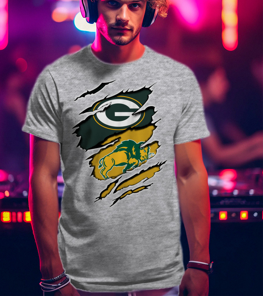 Packers Green And Gold G Logo With Dakota Bison Ripped T-Shirt