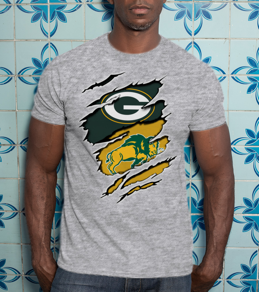 Packers Green And Gold G Logo With Dakota Bison Ripped T-Shirt