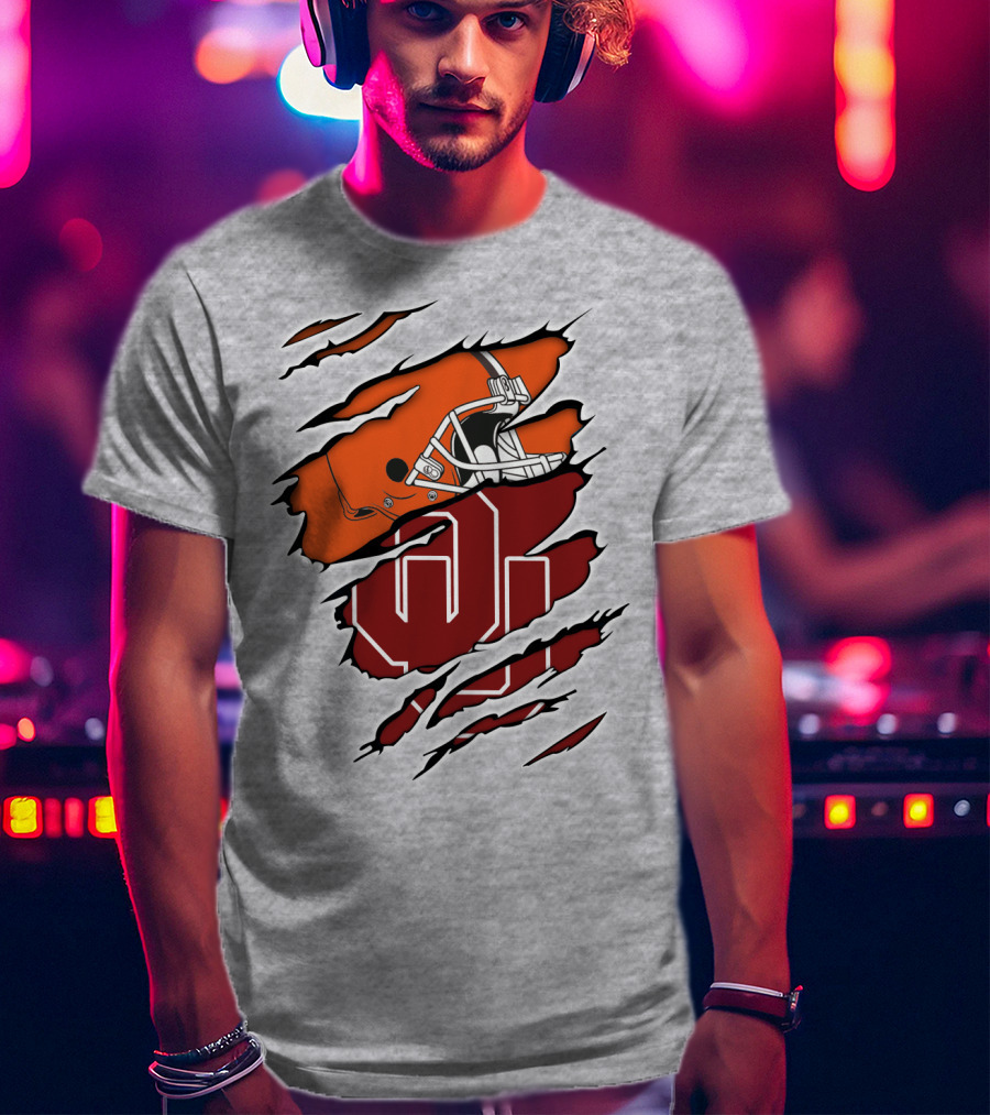 Browns Football Helmet With University Of Oklahoma T-Shirt