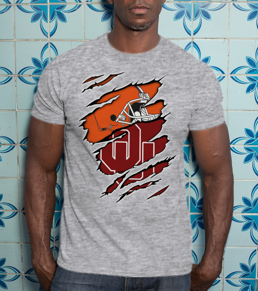 Browns Football Helmet With University Of Oklahoma T-Shirt