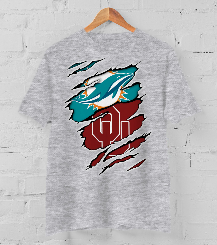 Miami Dolphins Oklahoma Sooners Teal Aqua Crimson Red Blend T-Shirt
