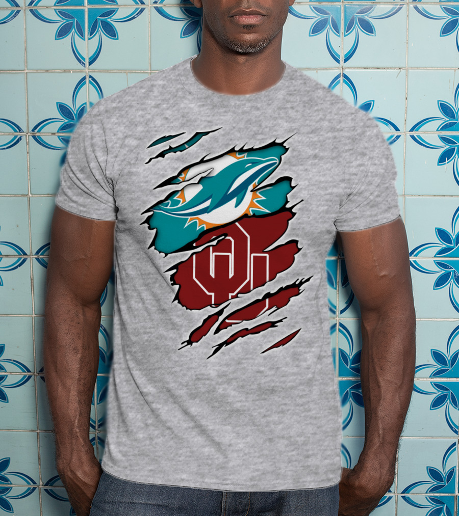 Miami Dolphins Oklahoma Sooners Teal Aqua Crimson Red Blend T-Shirt