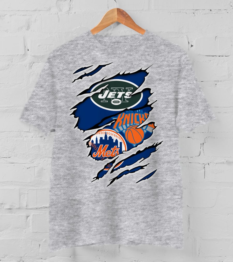 New York Jets Mets Knicks Logo Fusion NFL MLB NBA Team Pride T-Shirt