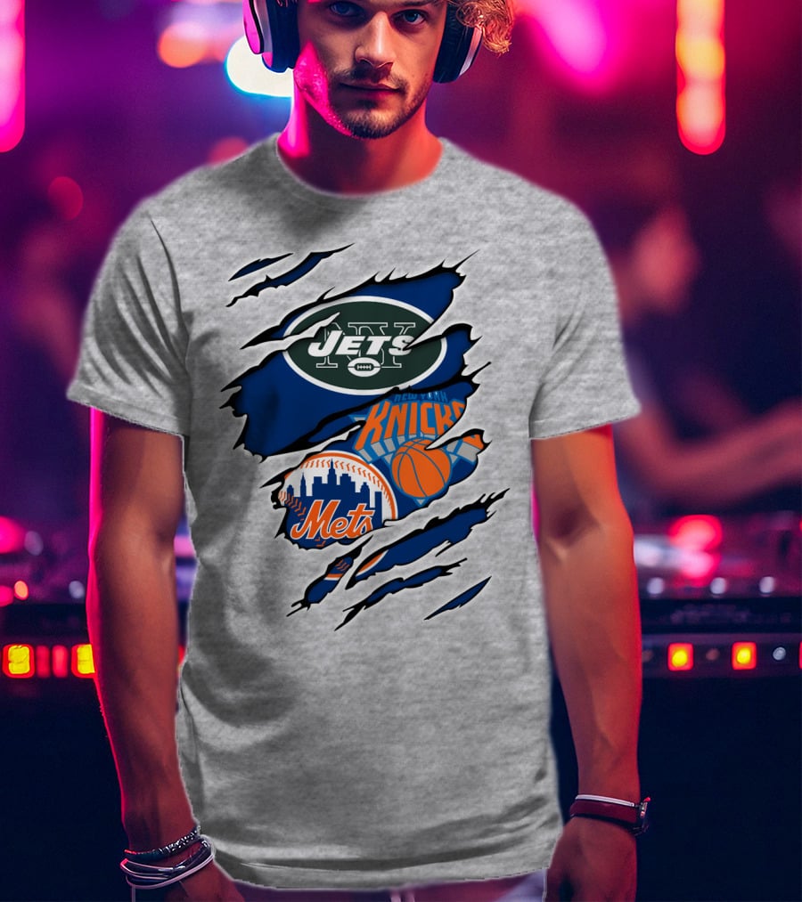 New York Jets Mets Knicks Logo Fusion NFL MLB NBA Team Pride T-Shirt