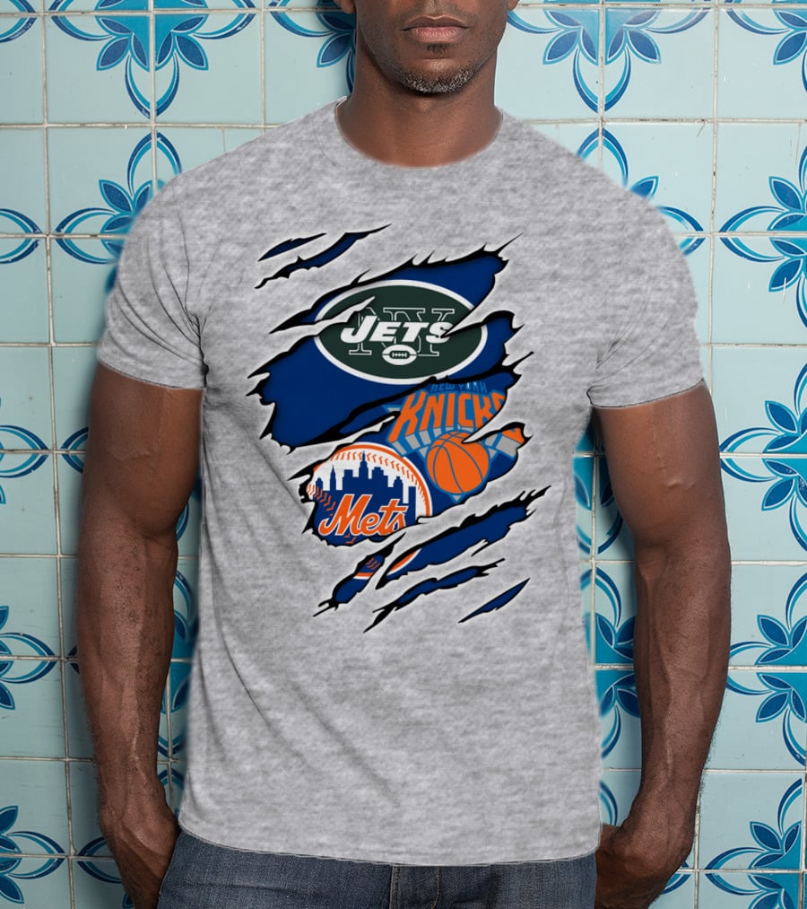 New York Jets Mets Knicks Logo Fusion NFL MLB NBA Team Pride T-Shirt