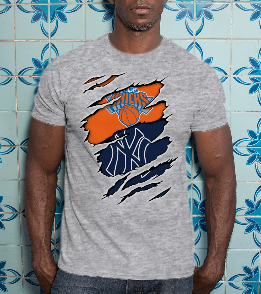New York Knicks Yankees Torn Logo Fusion T-Shirt