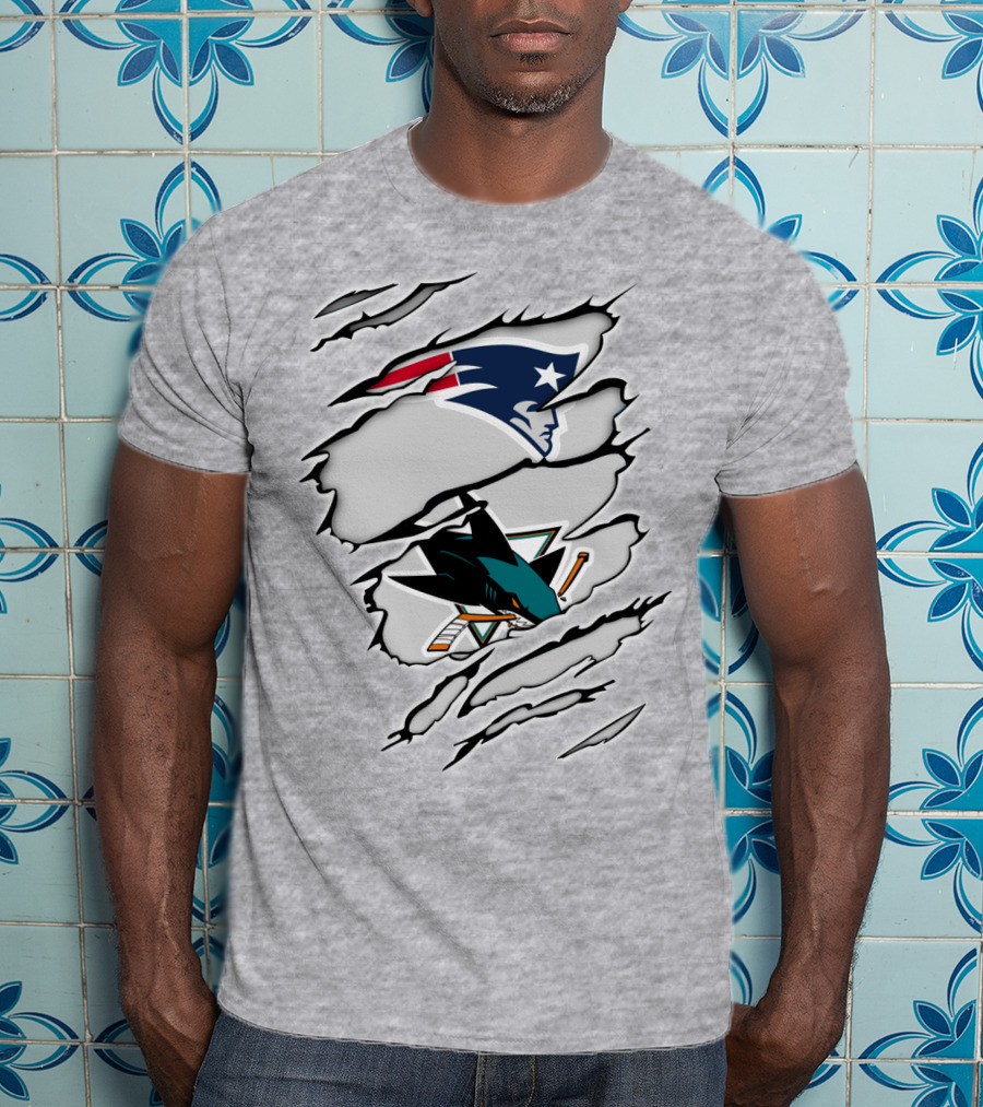 New England Patriots San Jose Sharks Ripped Tear T-Shirt