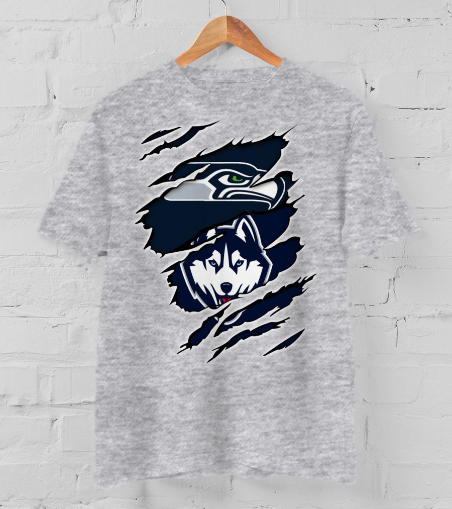 Seahawks Huskies Logo Mashup Aggressive Ripped T-Shirt