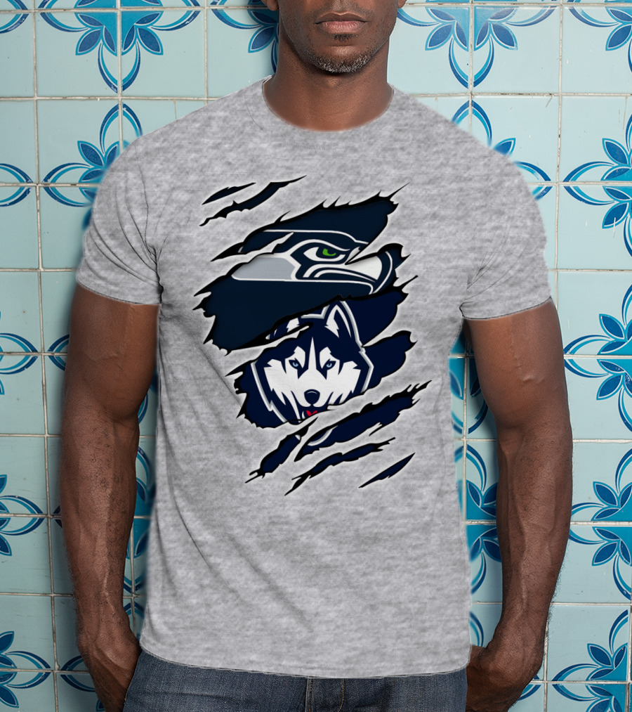 Seahawks Huskies Logo Mashup Aggressive Ripped T-Shirt