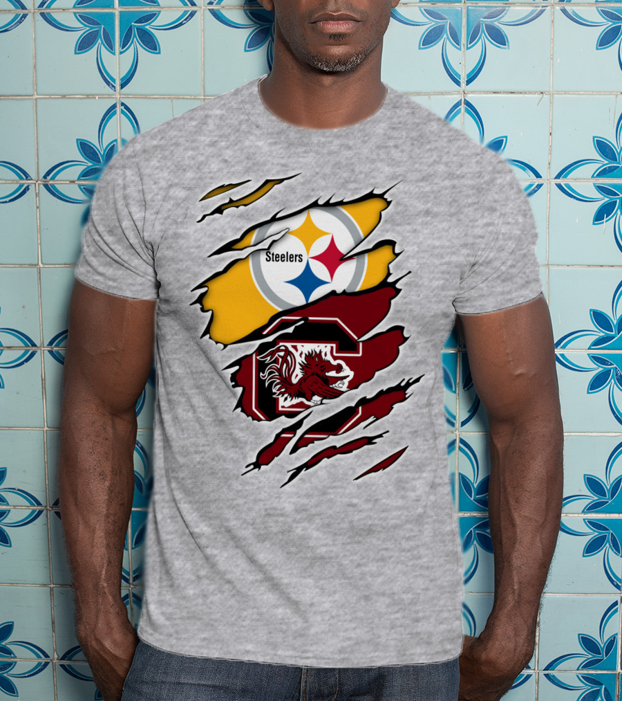 Steelers Gamecocks Logo Mashup With Scratch Marks T-Shirt