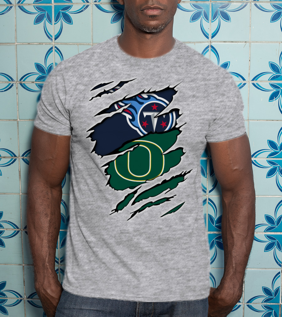 Tennessee Titans And Oregon Ducks Ripped Logo Claw Marks T-Shirt