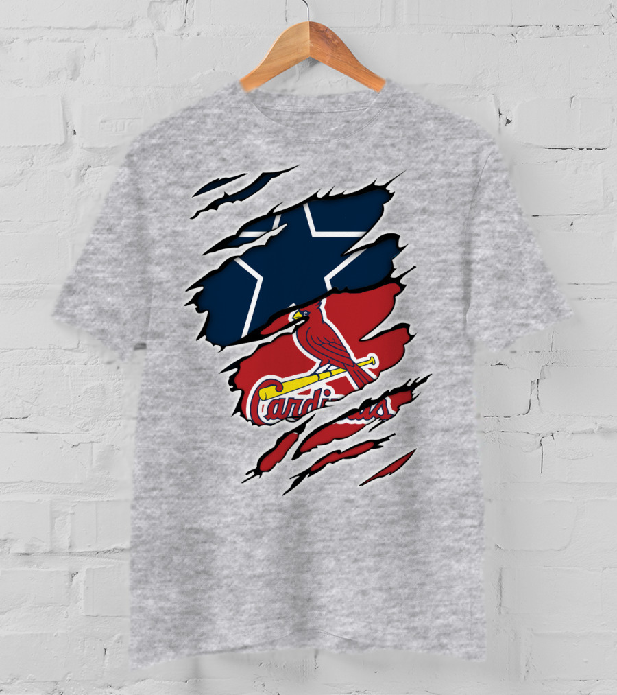 Cowboys Cardinals Star And Bird Logos On Torn Background T-Shirt