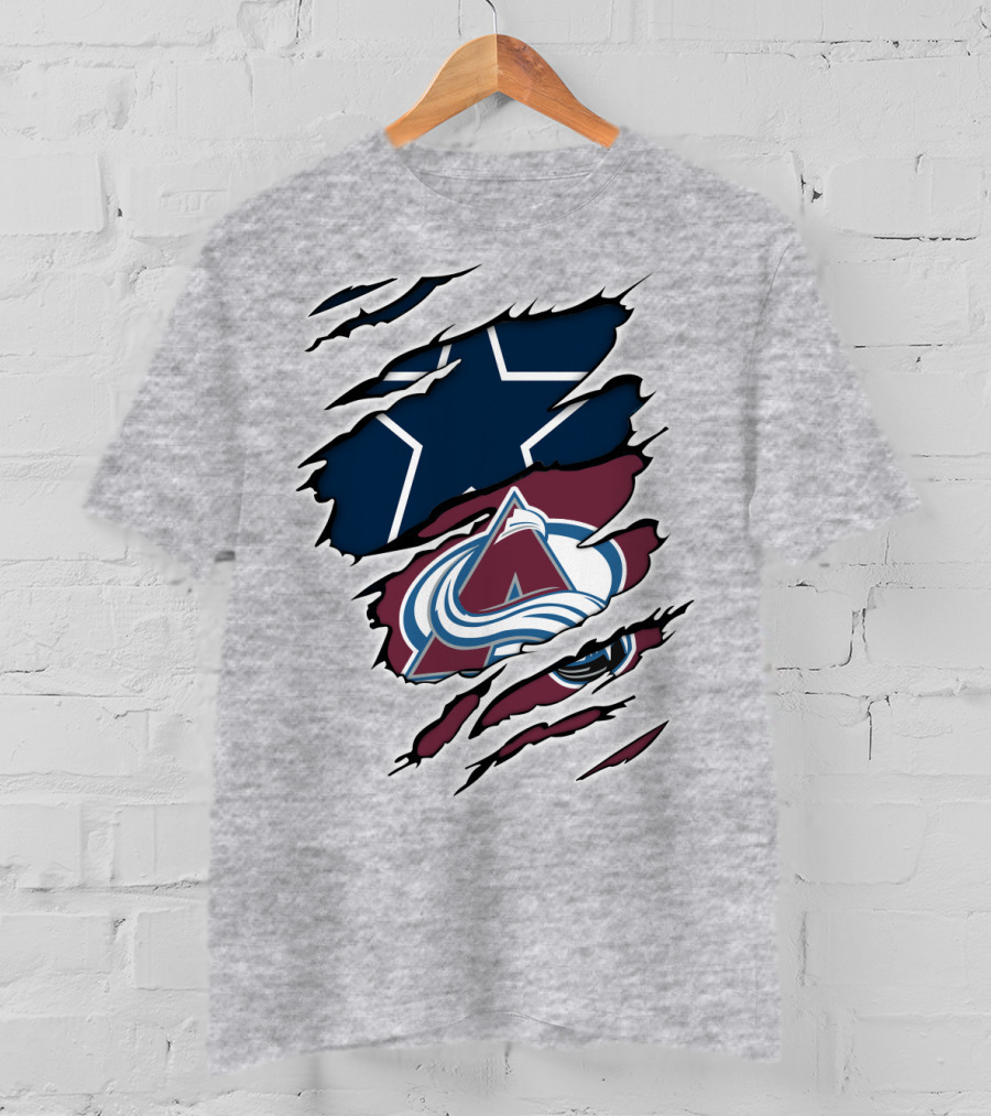 Cowboys And Avalanche Logos Combined Through Torn Fabric T-Shirt