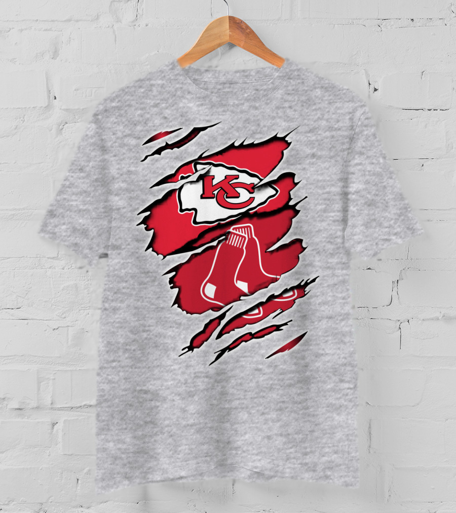 Chiefs Redsox KC Logo And Sox Emblem Torn T-Shirt