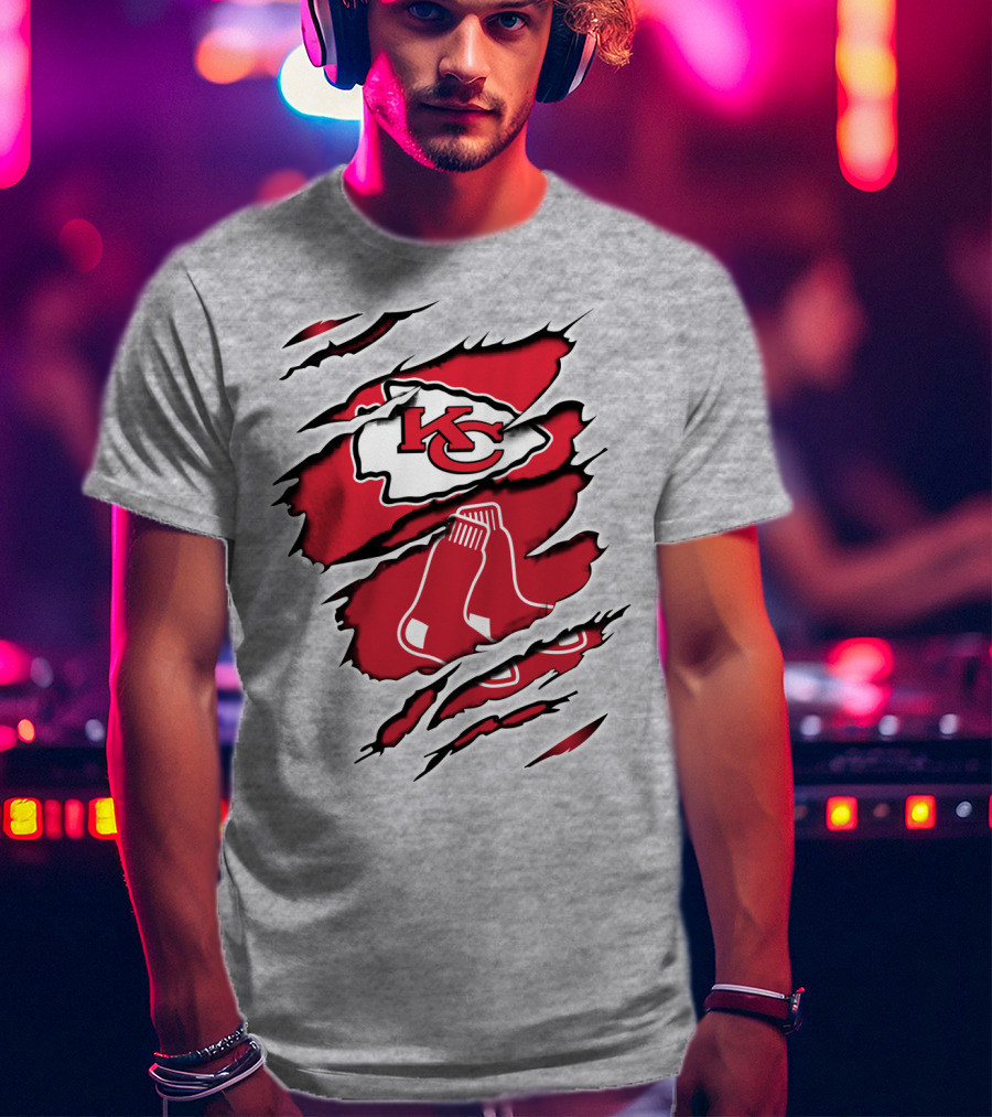 Chiefs Redsox KC Logo And Sox Emblem Torn T-Shirt