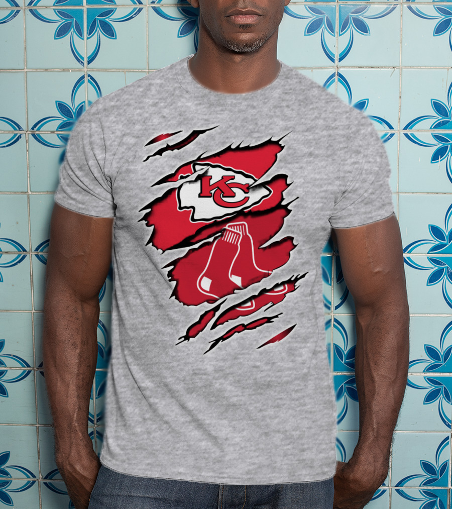 Chiefs Redsox KC Logo And Sox Emblem Torn T-Shirt
