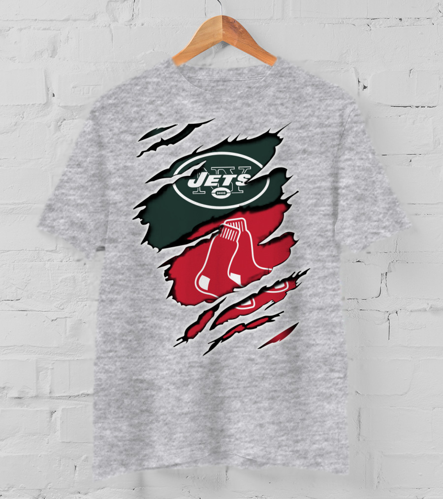 Jets Redsox Torn Logos Green Football Red Socks T-Shirt