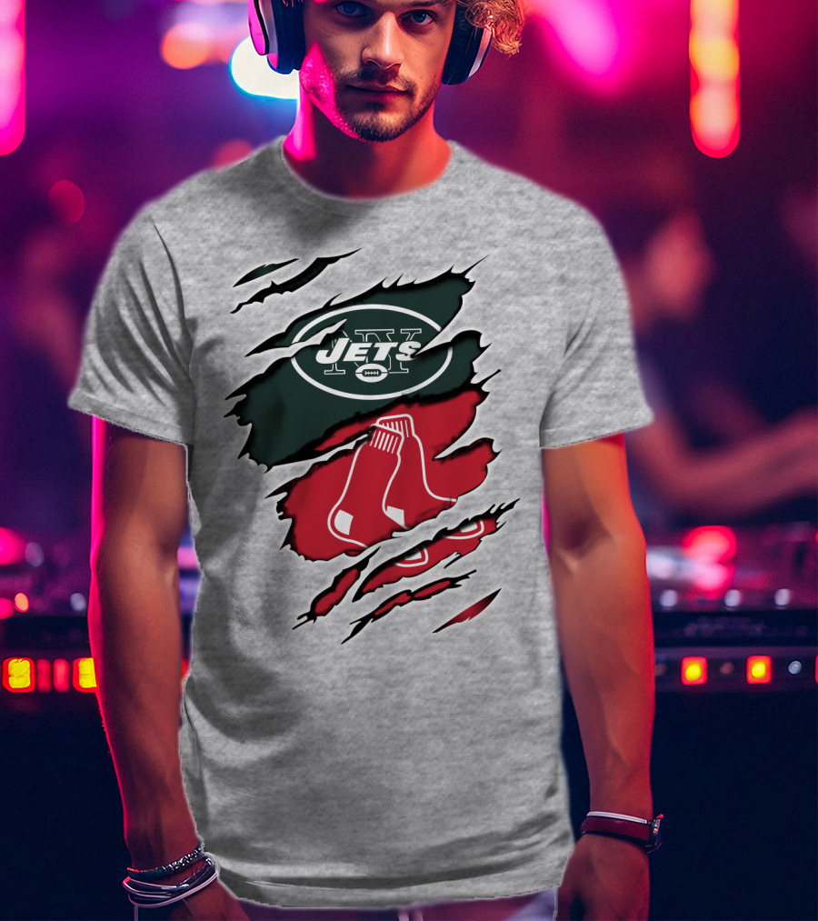 Jets Redsox Torn Logos Green Football Red Socks T-Shirt