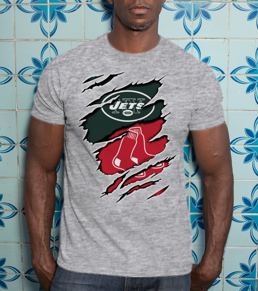 Jets Redsox Torn Logos Green Football Red Socks T-Shirt