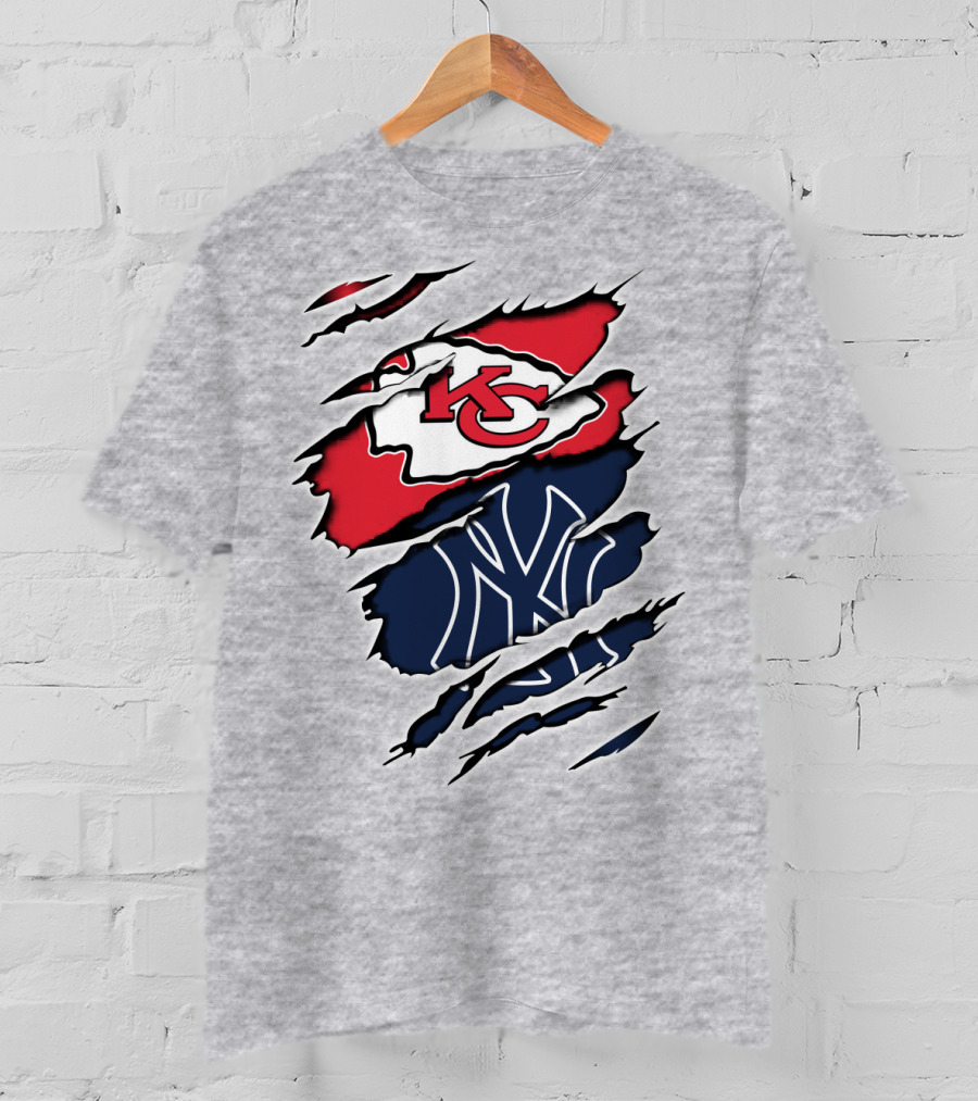 Chiefs Yankees KC NY Hybrid Logo Ripped T-Shirt