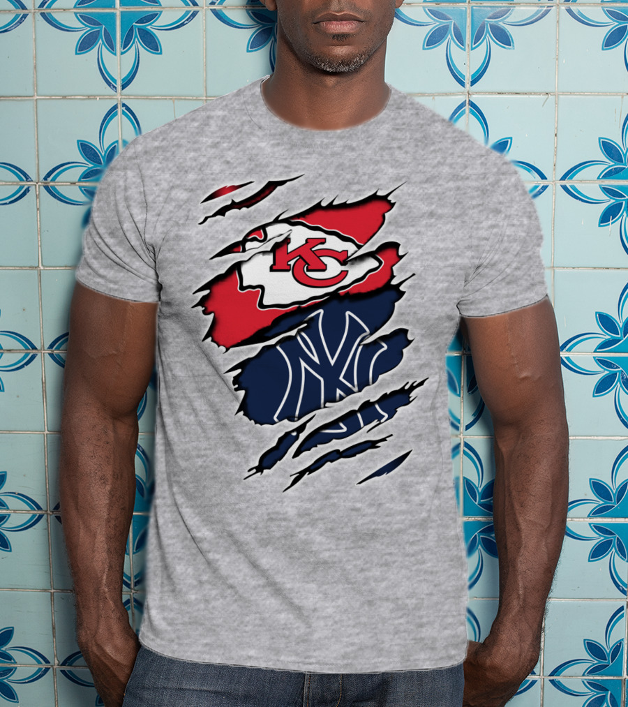 Chiefs Yankees KC NY Hybrid Logo Ripped T-Shirt