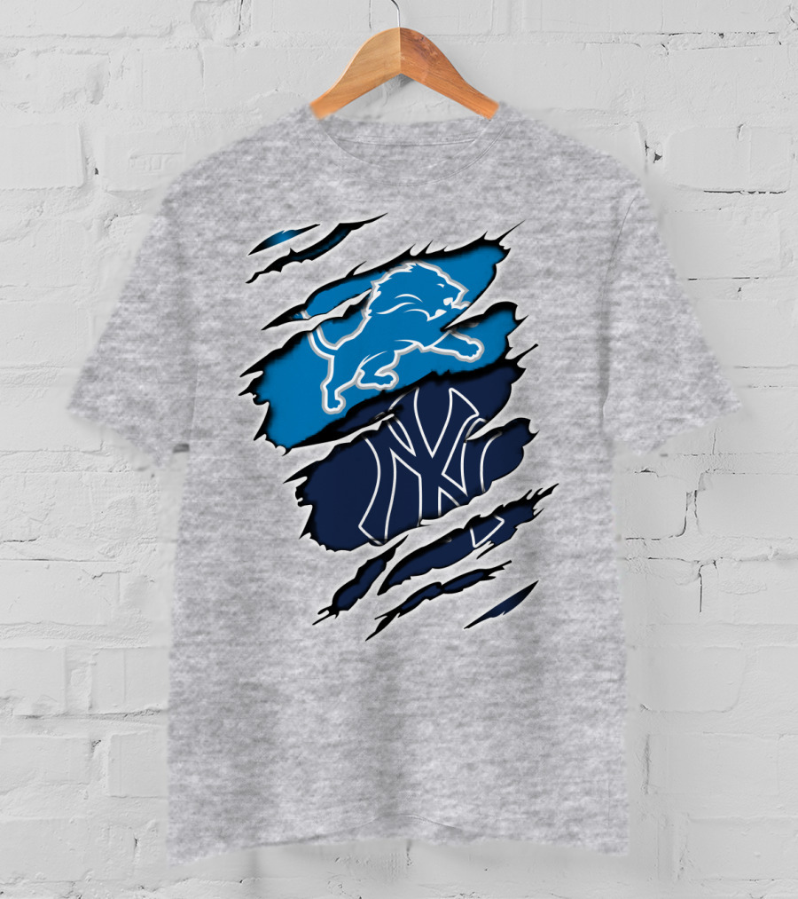 Detroit Lions And New York Yankees Ripped Claw T-Shirt