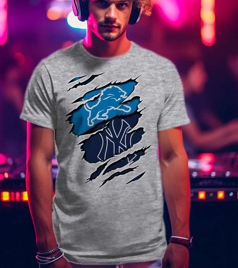 Detroit Lions And New York Yankees Ripped Claw T-Shirt