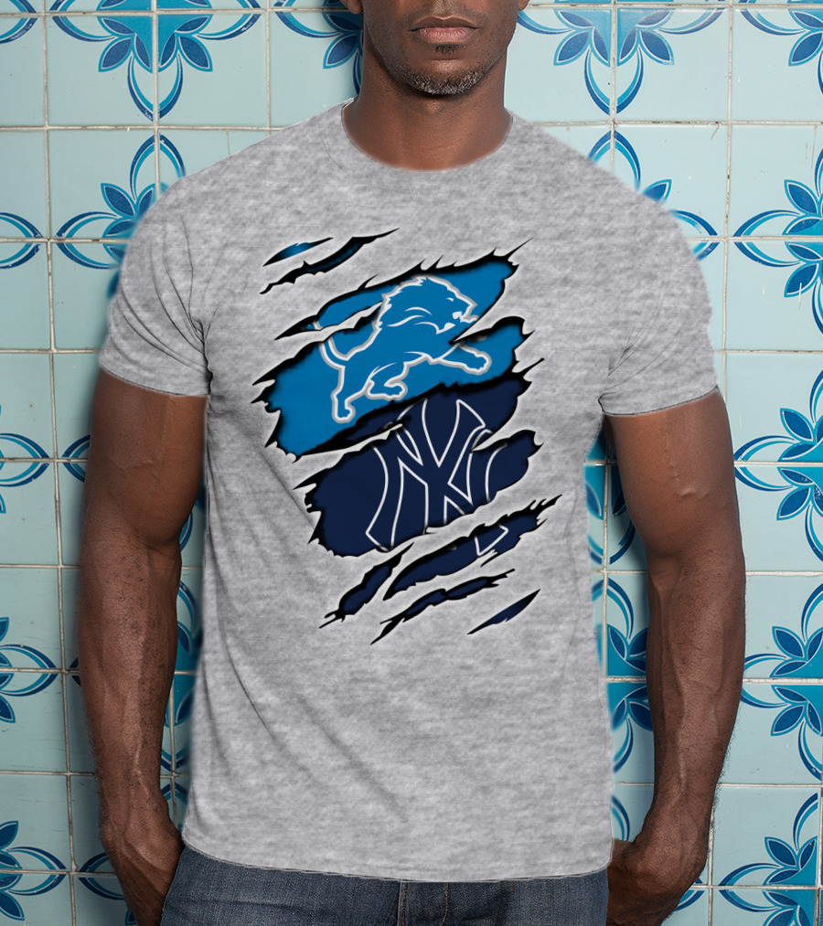 Detroit Lions And New York Yankees Ripped Claw T-Shirt