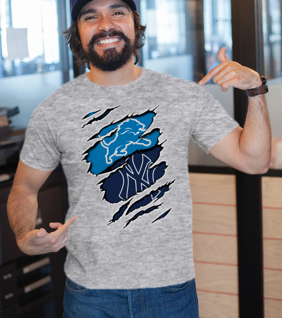 Detroit Lions And New York Yankees Ripped Claw T-Shirt