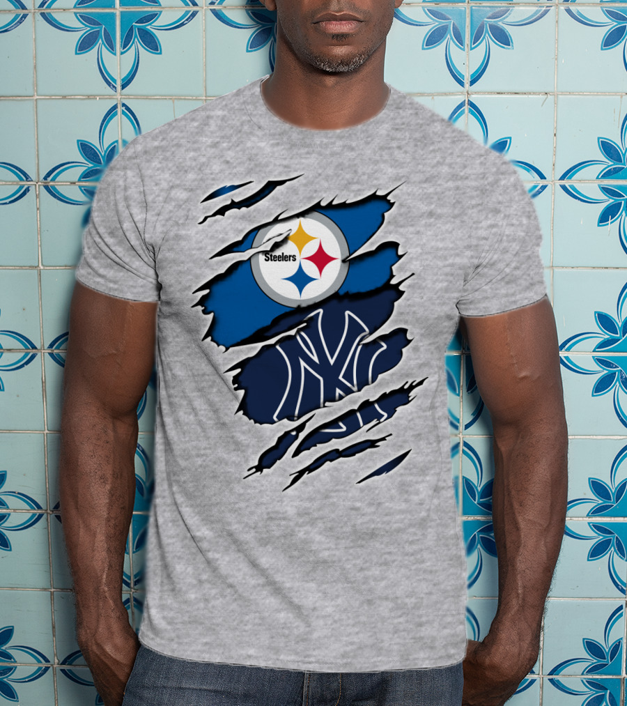 Steelers Yankees Logo Fusion Ripped Effect T-Shirt