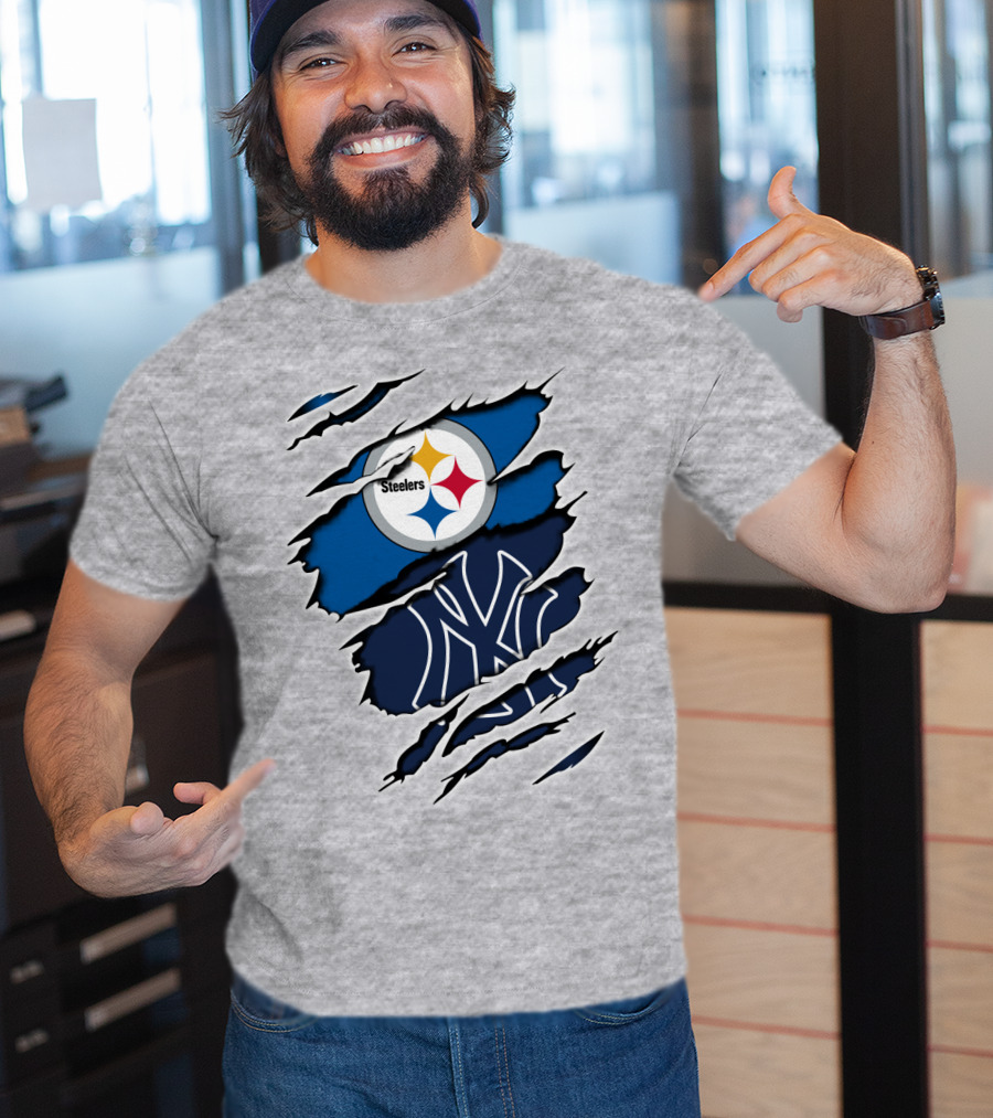 Steelers Yankees Logo Fusion Ripped Effect T-Shirt