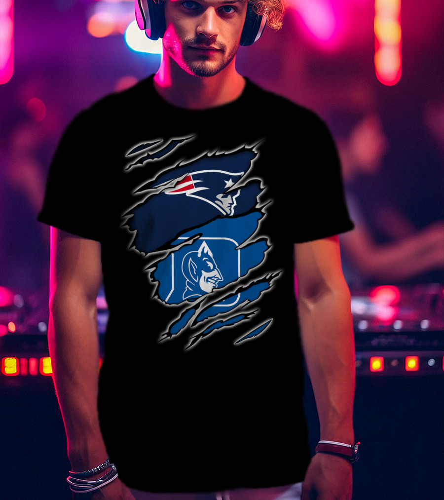 New England Patriots And Duke Blue Devils Logos In Claw Marks T-Shirt