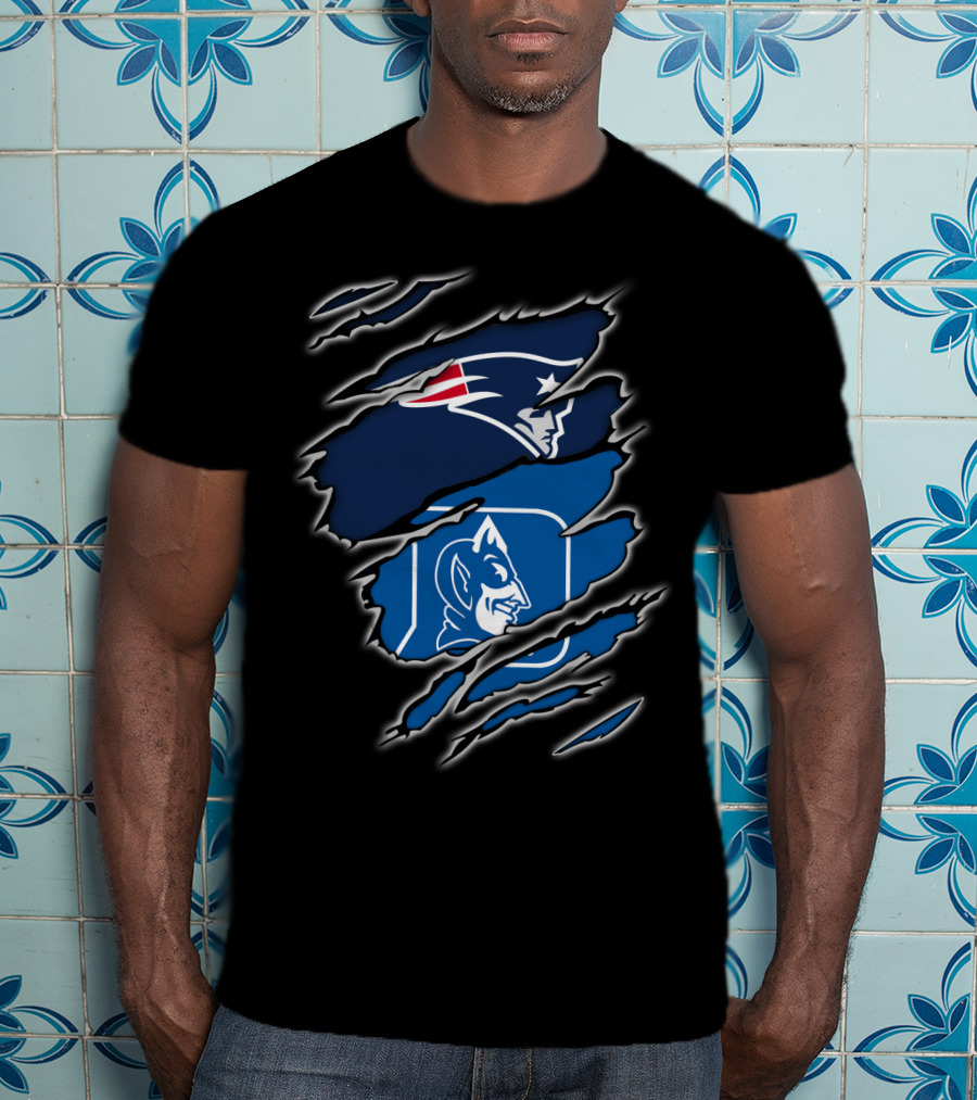 New England Patriots And Duke Blue Devils Logos In Claw Marks T-Shirt