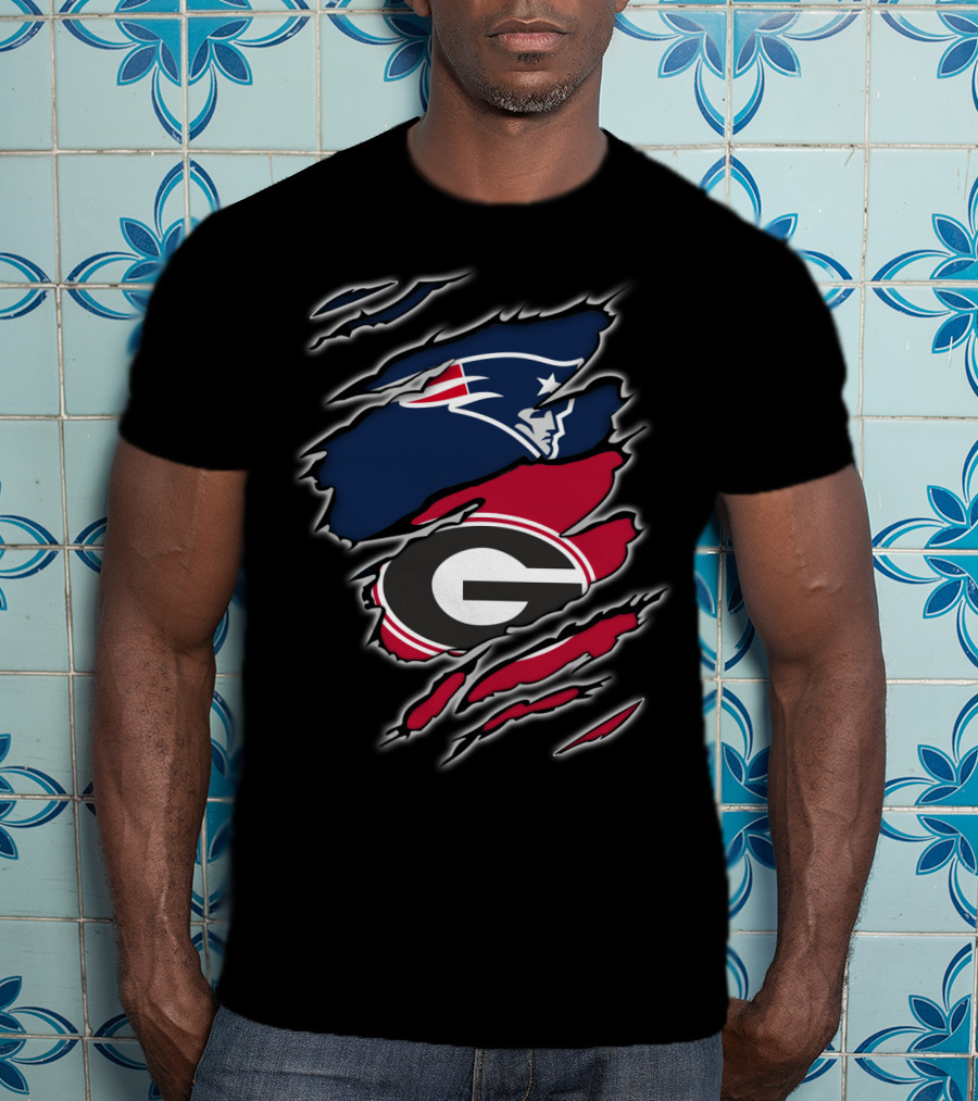 Patriots And Georgia Bulldogs Team Logos Ripped T-Shirt