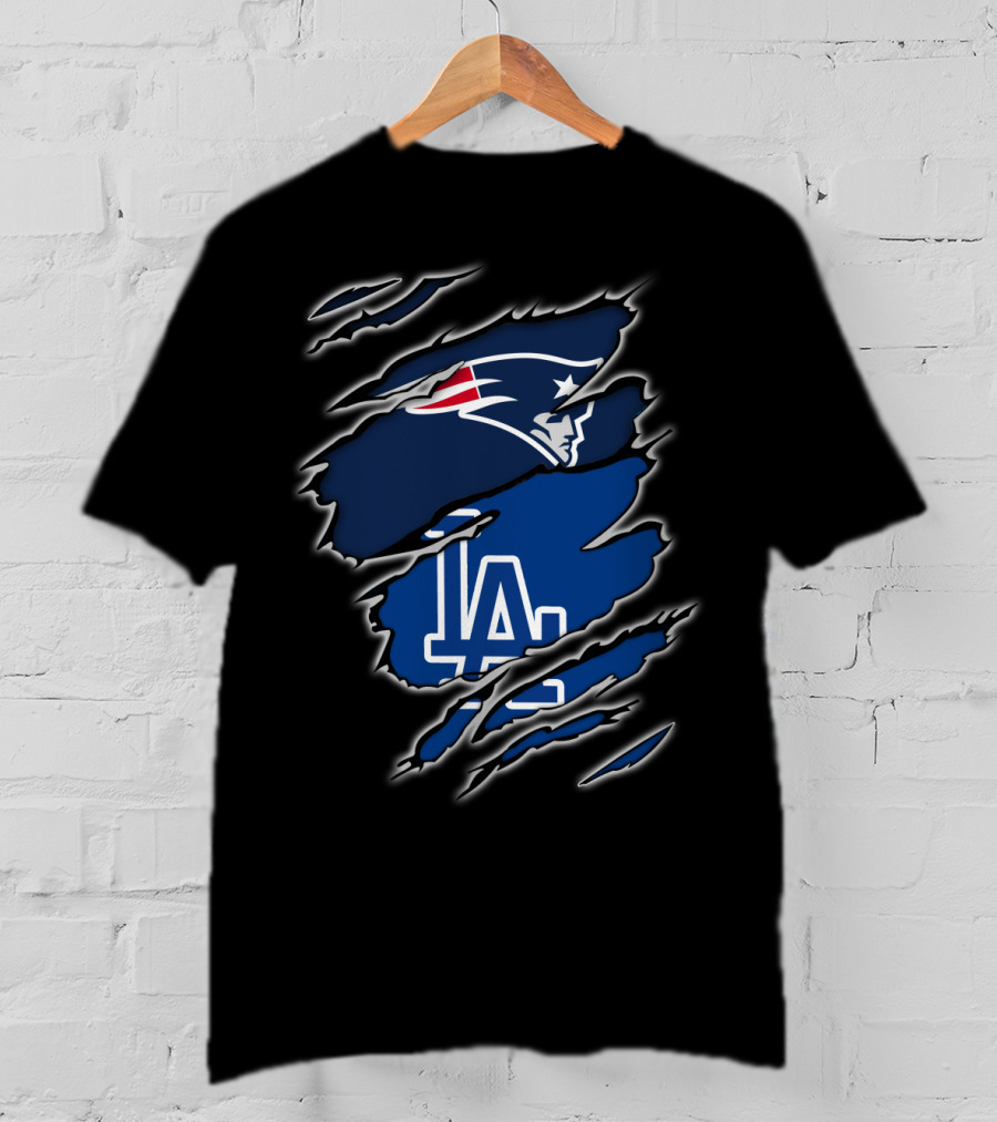 Patriots And LA Dodgers Logos In Torn Fabric T-Shirt