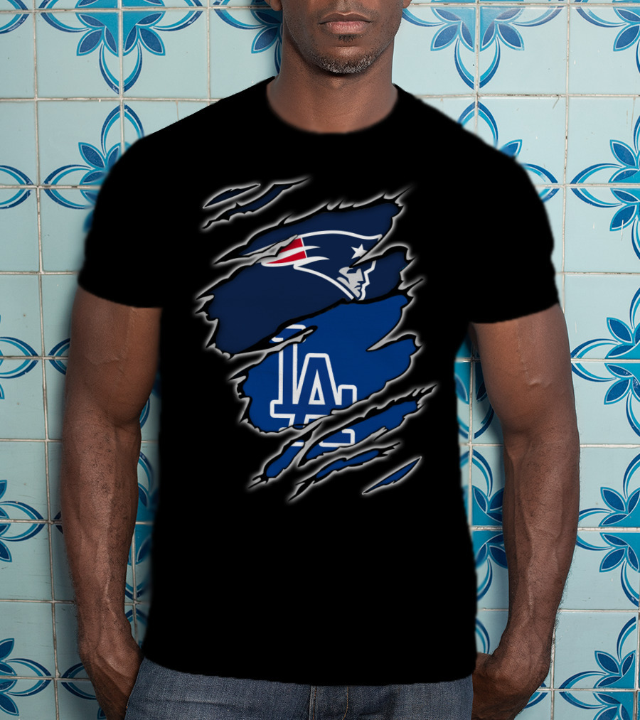 Patriots And LA Dodgers Logos In Torn Fabric T-Shirt