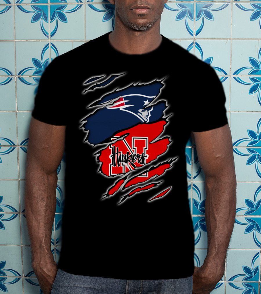 Patriots Logo With Huskers Nebraska N And Huskers Text In Torn T-Shirt