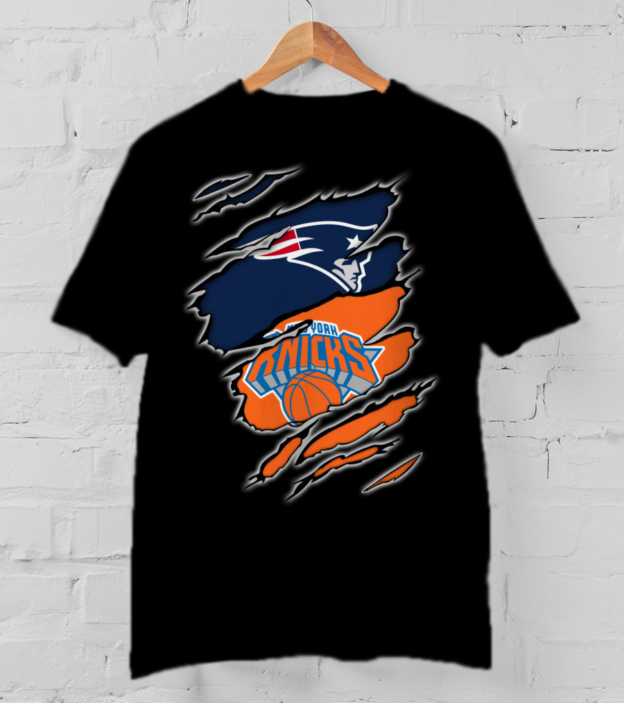 Patriots Emblem Overlaid With New York Knicks Basketball Motif T-Shirt