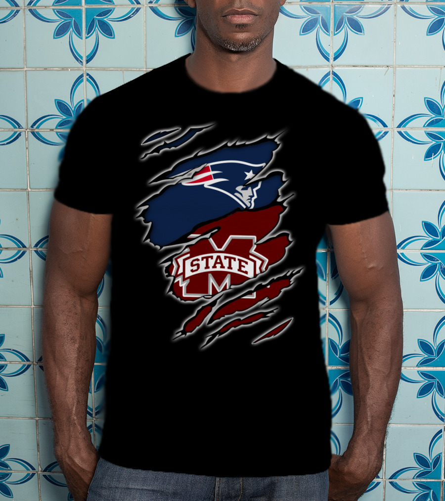 Patriots Face And MS State Logo Claw Rips T-Shirt