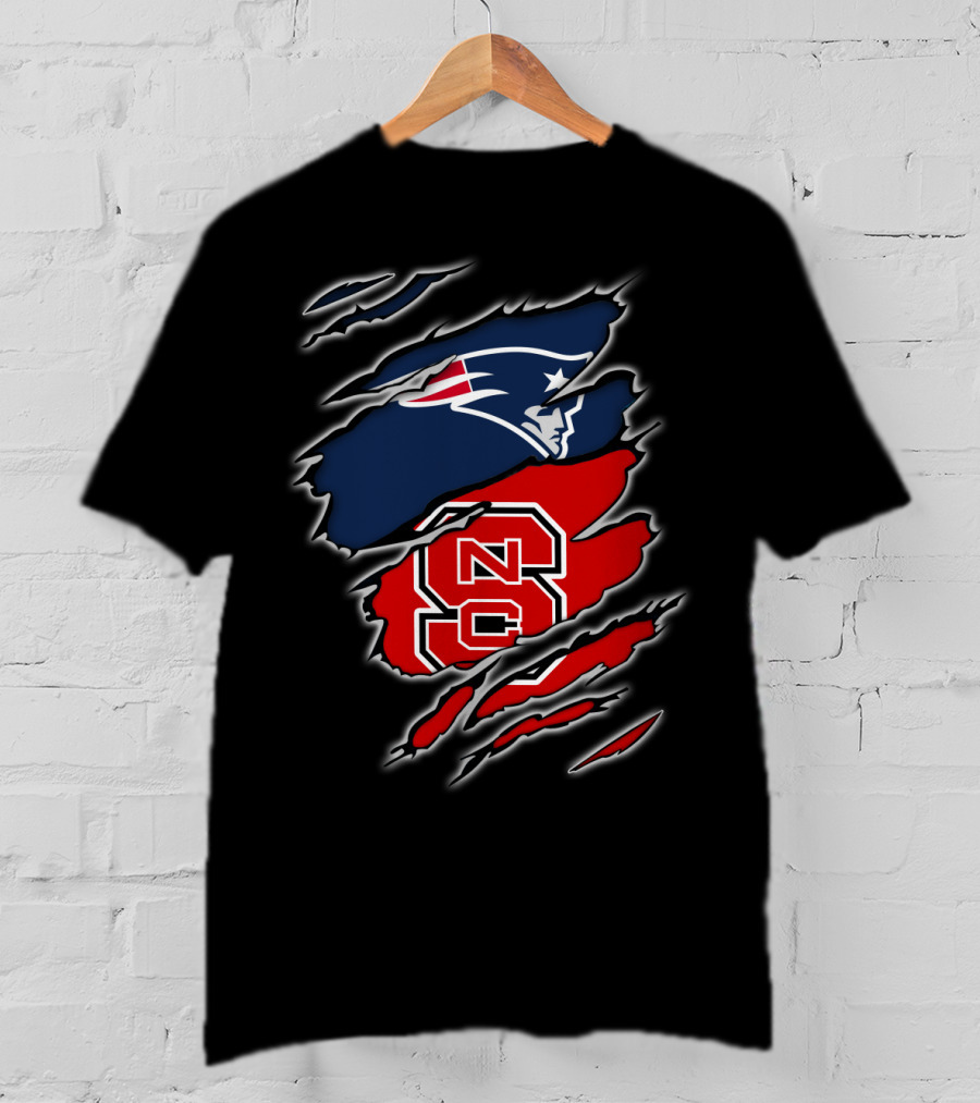 Ripped Design Featuring Patriots Logo And NC State Wolfpack T-Shirt