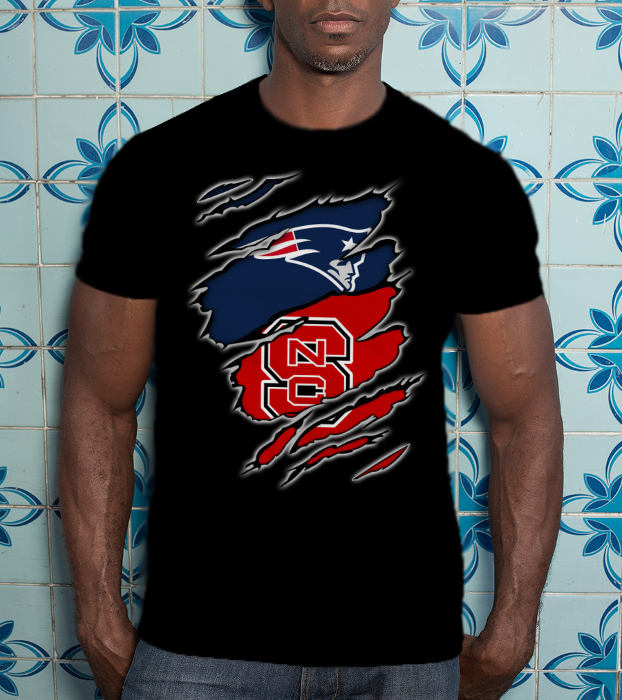 Ripped Design Featuring Patriots Logo And NC State Wolfpack T-Shirt