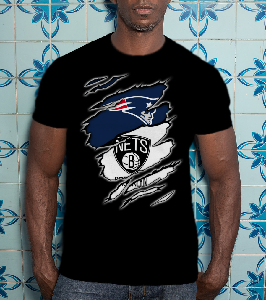 New England Patriots And Brooklyn Nets Ripped T-Shirt