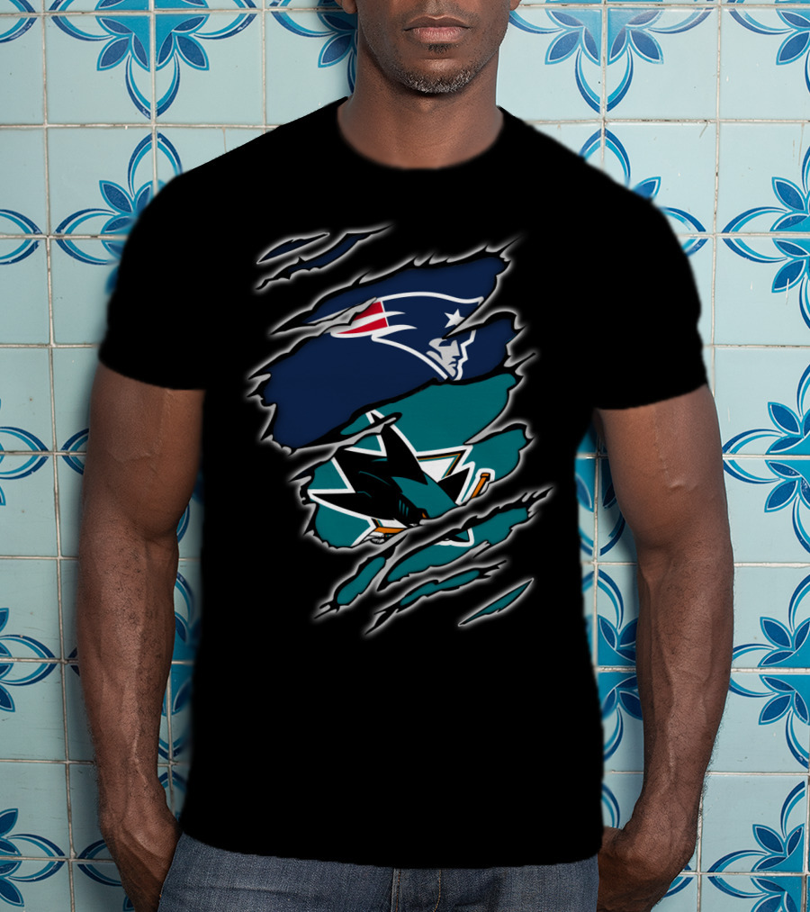 Patriots And Sharks Logos Inside Claw Marks T-Shirt