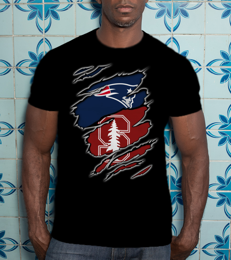 New England Patriots And Stanford Cardinal Logos In Torn T-Shirt