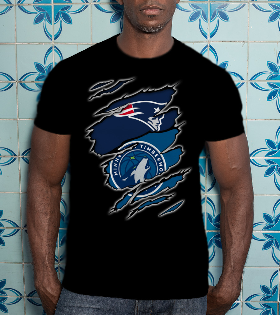 New England Patriots And Minnesota Timberwolves Logos Claw Rip T-Shirt
