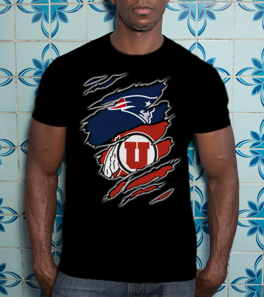 New England Patriots And Utah Utes Torn Ripped Combo T-Shirt
