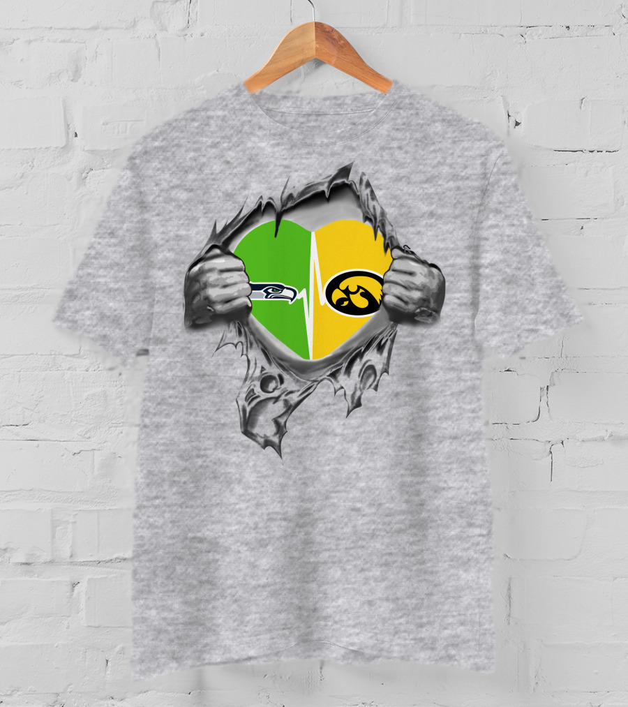 Hawkeyes Seahawks Heart Split Torn Grey Background T-Shirt