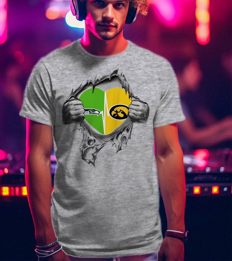 Hawkeyes Seahawks Heart Split Torn Grey Background T-Shirt