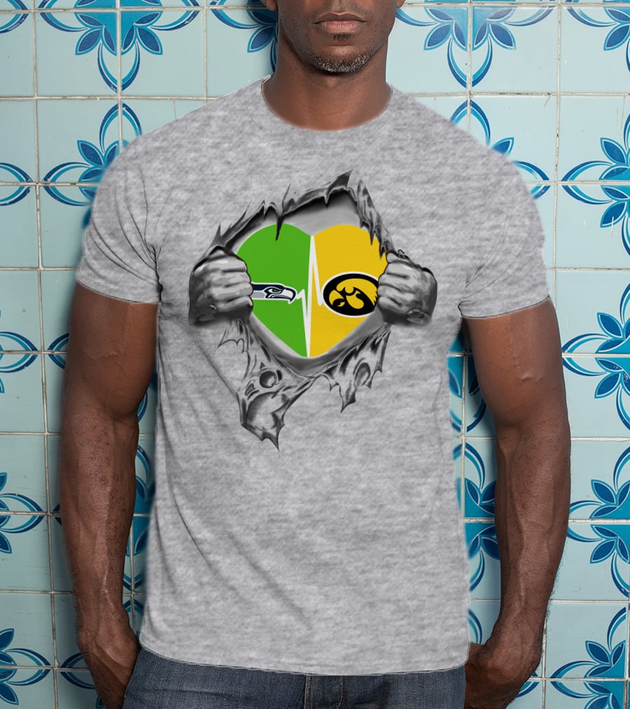 Hawkeyes Seahawks Heart Split Torn Grey Background T-Shirt