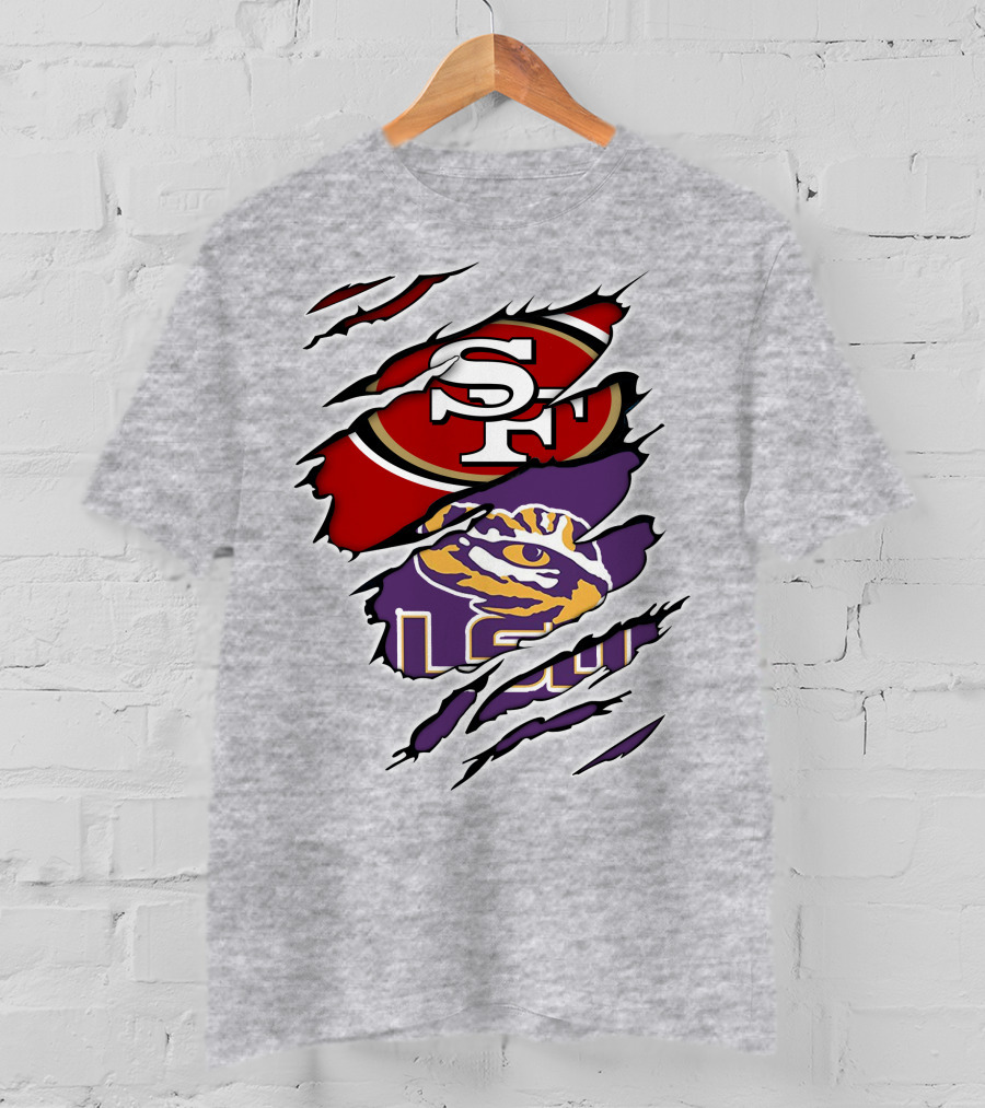 LSU Tigers And San Francisco 49ers Logos On Torn Background T-Shirt